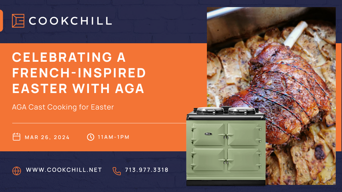 French-inspired easter cooking demonstration on march 26, 2024, featuring aga cast iron range and roasted meat.